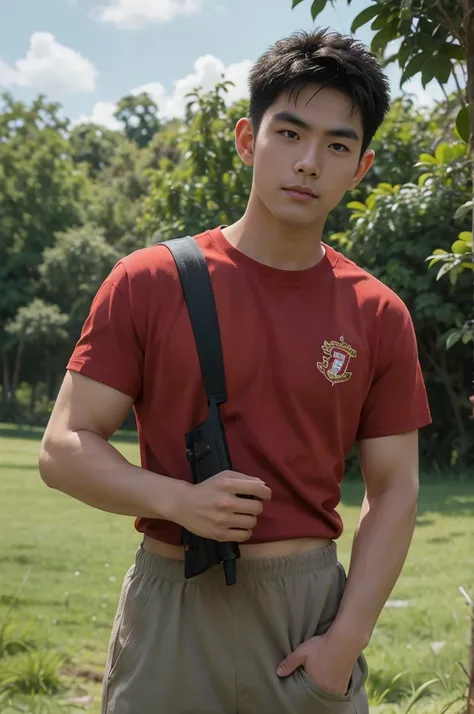 A handsome, muscular young Asian man looks at the camera. In a simple black and red t-shirt. , Fieldside, grass, beach, sunlight, Carrying a camera