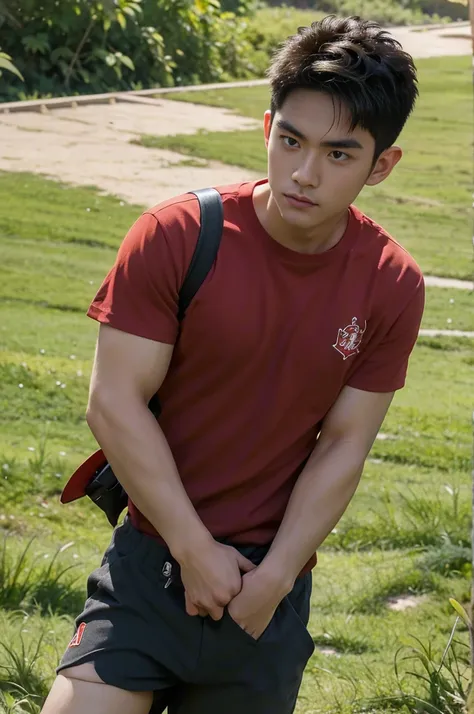 A handsome, muscular young Asian man looks at the camera. In a simple black and red t-shirt. , Fieldside, grass, beach, sunlight, Carrying a camera