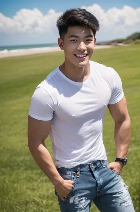 Young Korean man in a white t-shirt and jeans, A handsome, muscular young Asian man looks at the camera. In a simple black and red t-shirt. , Fieldside, grass, beach, sunlight, Carrying a camera, smiling