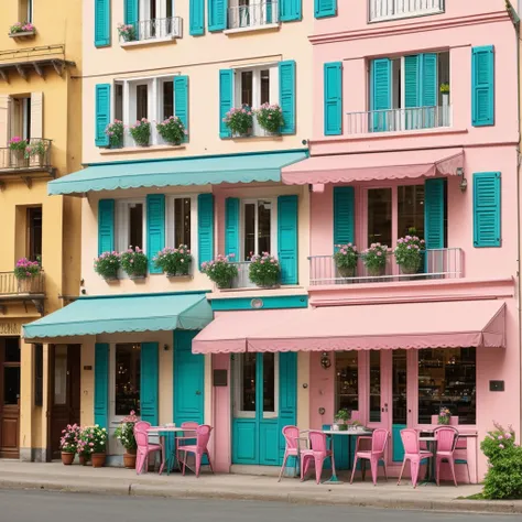 Create a unreal watercolor illustration of a charming French café façade, front view, featuring light aqua green tones with pink accents. The scene should include a table and two chairs on the right and a pink bicycle with a basket of flowers on the left. ...