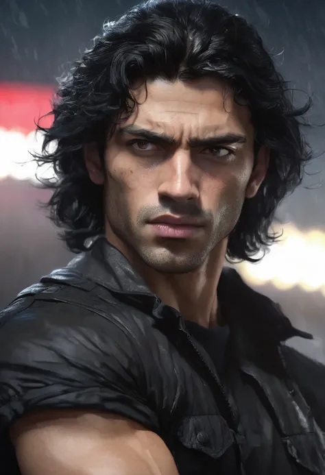 1 man, inside a clandestine race track, wearing a black shirt, detailed facial features, beautiful black and masculine eyes, detailed light skin, medium-length black hair wavy and messy, soft expression, dramatic lighting, cinematic composition, cold and d...