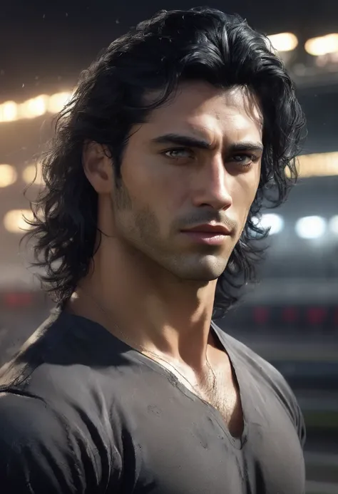 1 man, inside a clandestine race track, wearing a black shirt, detailed facial features, beautiful black and masculine eyes, detailed light skin, medium-length black hair wavy and messy, soft expression, dramatic lighting, cinematic composition, cold and d...