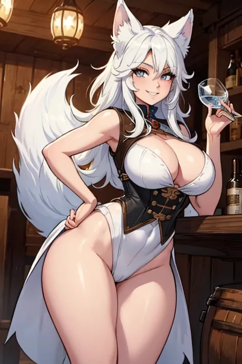 A white haired female cowgirl with copper eyes with an hourglass figure with white fox ears and a white fox tail in a conservative cowgirl outfit is drinking at the saloon with a big smile