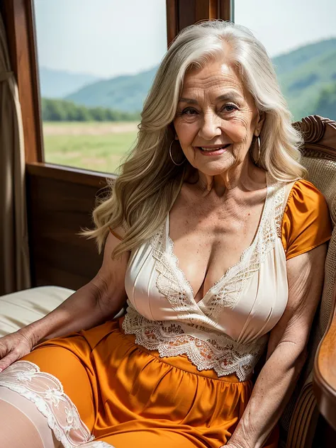 Mature old woman 80 years with long hair, plus size, old face and body with many wrinkles, loose skin, smiling standing on plain with beautiful view, posing for photo, She wearing short orange dress with white pattern and white lace stockings, side view. j...