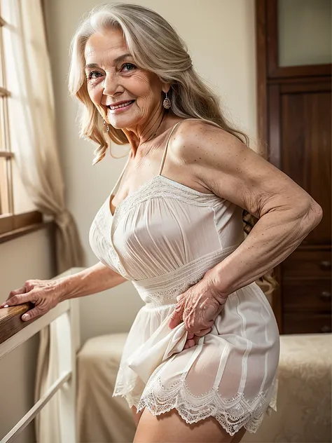 Mature old woman 80 years with long hair, plus size, old face and body with many wrinkles, loose skin, smiling standing on plain with beautiful view, posing for photo, She wearing short orange dress with white pattern and white lace stockings, side view. j...