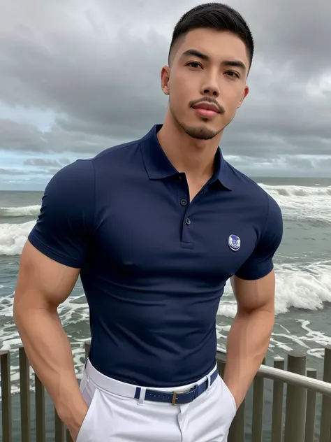 Tony Labrusca, Young man in a navy blue polo shirt Standing by the sea with an expression, looking into the distance Turn your head slightly.，Cloudy day