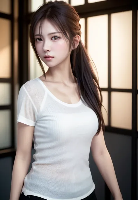 8K, of the highest quality, masutepiece:1.2), (Realistic, Photorealsitic:1.37), of the highest quality, masutepiece, Beautiful young woman, Pensive expression, Sweet look, Sexy white shirt、Hair tied back, Messy mood, Cinematic background, Tired, Light skin...