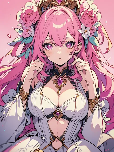 a cute anime girl with pink hair, open chest beautiful detailed  cute eyes, beautiful detailed lips, extremely detailed face, long eyelashes, gorgeous detailed clothing, sexy pose, cinematic lighting, vibrant colors, glowing skin, highly detailed, digital ...