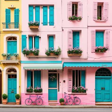 Create an unreal watercolor illustration of a charming French café facade, from front view, with light shades of aqua green with pink details. The scene should include a table and two chairs on the right and a pink bicycle with a basket of flowers on the l...