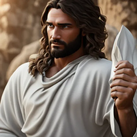 [An extremely ultra-realistic representation of Jesus Christ with both hands extended forward, as if he were handing something to the viewer, peaceful expression + white clothes + [realistic textures, with the highest quality lighting.] background clear wi...