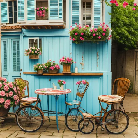 create a watercolor of a French pattisserie, just the facade, with a bicycle on the left side with flowers and a table with two chairs on the right.