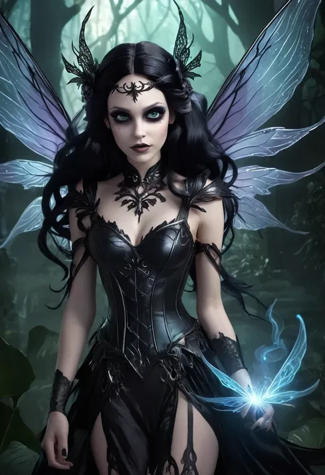 Anime personage, A beautiful ethereal cute dak fairy, gothic aethestics, smoke effects, dark long hairr, deep dark fairy wings, big detailed eyes. The scene is rich with dark fantasy elements, dramatic lighting,  Captured in a dramatic and cinematic style,...