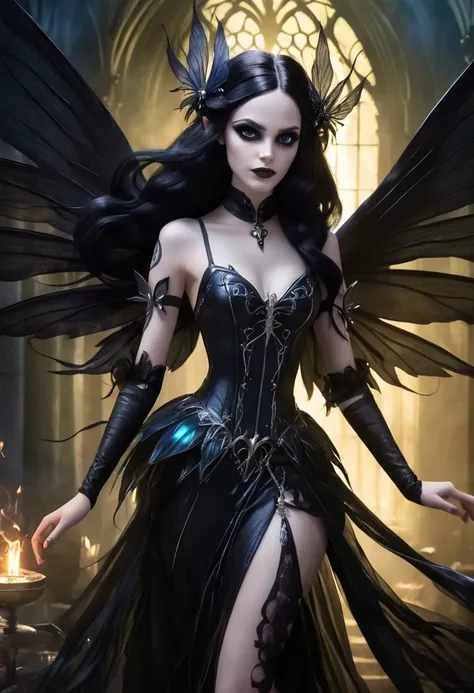 Anime personage, A beautiful ethereal cute dak fairy, gothic aethestics, smoke effects, dark long hairr, deep dark fairy wings, big detailed eyes. The scene is rich with dark fantasy elements, dramatic lighting,  Captured in a dramatic and cinematic style,...