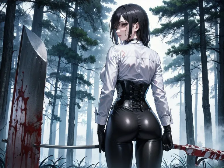 ((blood droplets)), ((blood)), ((blood splatter)), ((blood on clothes)), ((blood stain)), Masterpiece, Beautiful art, professional artist, 8k, Very detailed face, Detailed clothing, detailed fabric, 1 single girl, view from behind, perfect ass, standing, B...