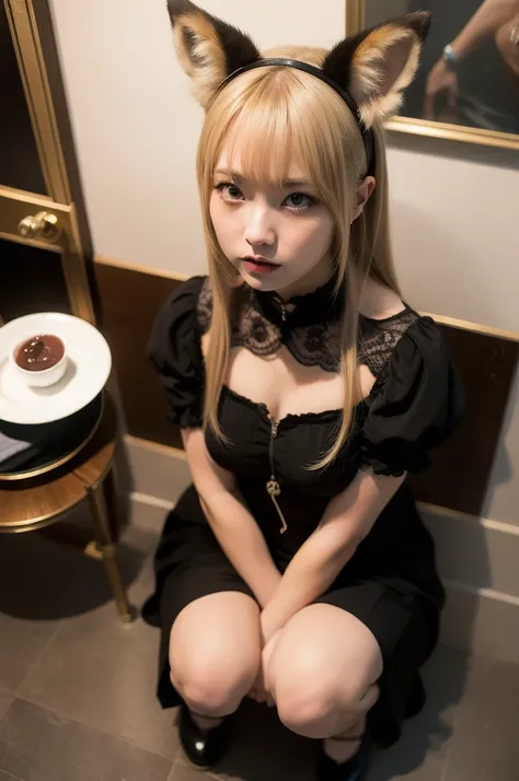 (Highest quality:1.2),32k HDR,High resolution,(20-year-old woman),(Ultra Wide Angle),(View from above:1.2),((Glaring at the camera)),(Japanese women),(Blonde),Flat bangs,Dark Room,Medium chest,Squat with your feet apart,Show off your crotch,両腕をhandcuffsで繋が...