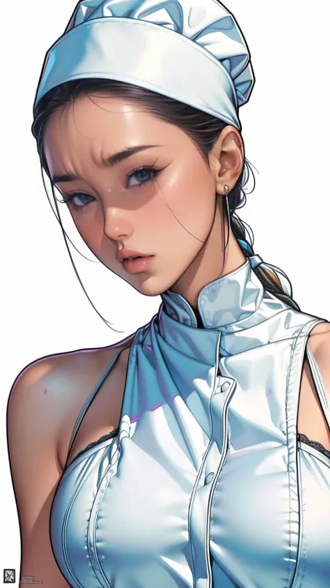 White background, a girl who is a chef, masterpiece,extremely beautiful woman,Excellent sense,(((perfect very white background))),American Comics,(((The Perfect One Woman))),(((one person))),colorful,Highly detailed perfect upper body,highly detailed face,...