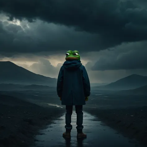 Pepe the frog A dark and desolate landscape, a lone boy standing amidst the gloom, (1 boy), dark and moody atmosphere, grim and ominous, brooding clouds, eerie lighting, muted colors, (((pepepals_frog))), highly detailed, cinematic, photorealistic, masterp...