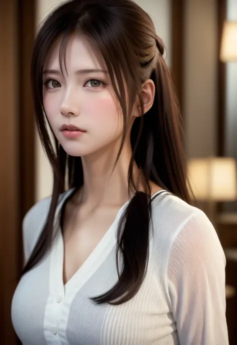 8K, of the highest quality, masutepiece:1.2), (Realistic, Photorealsitic:1.37), of the highest quality, masutepiece, Beautiful young woman, Pensive expression, Sweet look, Sexy white shirt、Hair tied back, Messy mood, Cinematic background, Tired, Light skin...