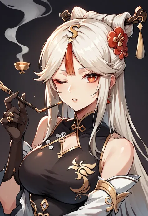 ningguang(genshin impact), 1girl, bare shoulders, black background, black gloves, BLACK hair, china dress, chinese clothes, claw ring, detached sleeves, dress, flower, gloves, hair flower, hair ornament, holding, holding smoking pipe, long hair, looking at...