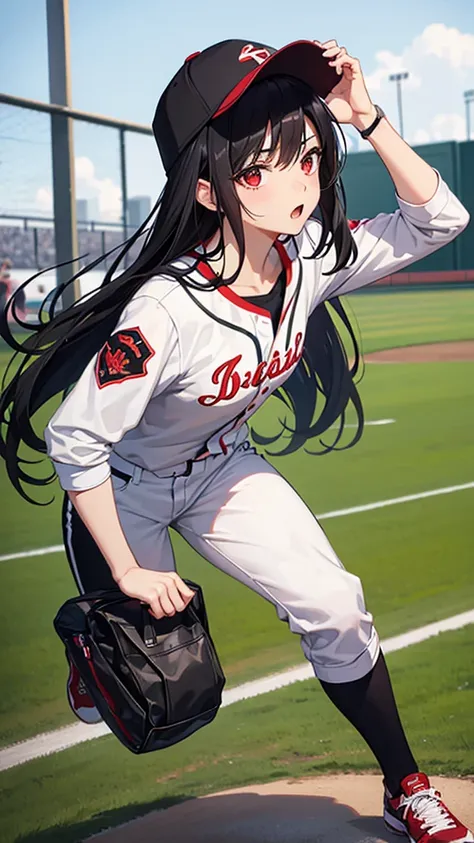 ( Absurd , high quality , Super detailed, Watch your hands )Long black hair,Red eyes,Small breasts,Small breasts,Baseball uniform,Black baseball cap,Long sleeve,White trousers,One ,Primary school students,Baseball Ground,Serious face,Run at full speed