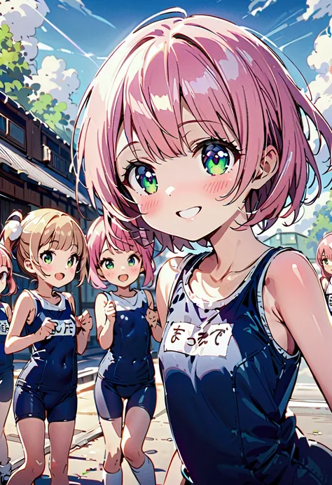 pink hair、five elementary school girls、school swimsuit、blushing、smile