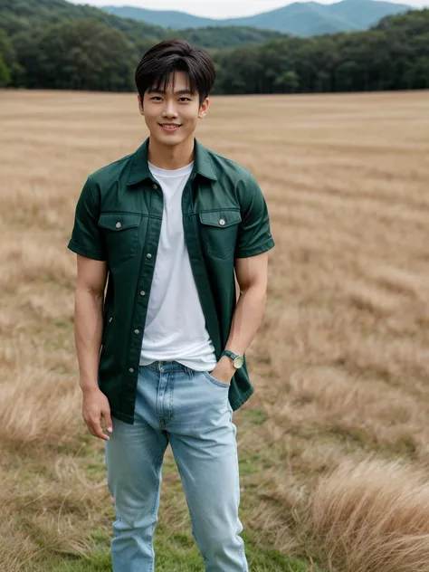 独奏: 1.5, (As a matter of fact, Masterpiece, 8k HD, good light quality, sportswear, fit the face, complicated details), A handsome Korean young man with muscular arms. , 20 years old, be happy, smile brightly, detailed face, delicate eyes, look at the sky, ...