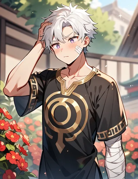 small Greek boy with white hair, violet eyes, wearing an all-black Greek shirt with small gold details, with bandages on his cheek and arm, standing scratching his head while looking away blushing, with a red garden in a blurred background