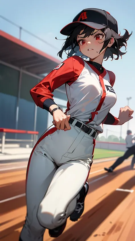 ( Absurd , high quality , Super detailed, Watch your hands )Black short hair,Red eyes,Small breasts,Small breasts,Baseball uniform,Black baseball cap,Long sleeve,White trousers,One ,Primary school students,Baseball Ground,Serious face,Run at full speed