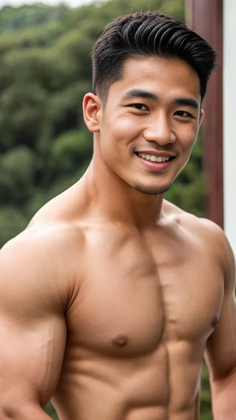 ((Highest quality, 8K, Masterpiece: 1.3))、Thailand Laos Burma Asia, Thai man, A handsome Asian rugby player with short hair, a muscular beard, and big muscles., １A man who has、 yo、Good appearance、Beautiful nose、smile、 Detailed eyes and face、beautiful light...