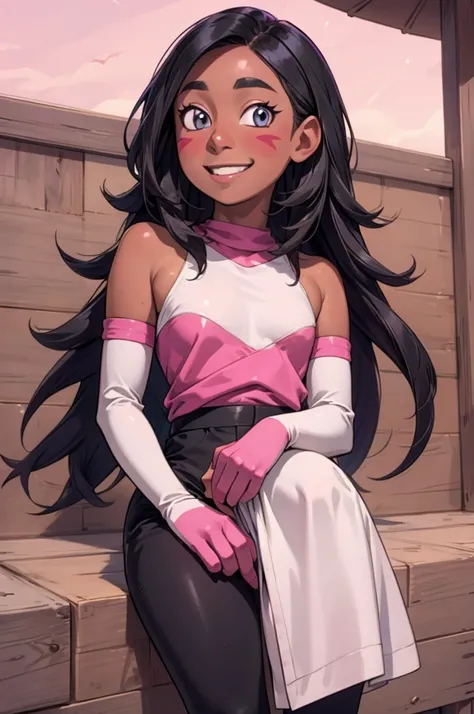 (rouge_the_bat_(cosplay):1), white elbow gloves, bare shoulders, bat wings, ((masterpiece,best quality)), connie maheswaran, long hair, black hair, pink blade, whisker markings, cowboy shot, smile,