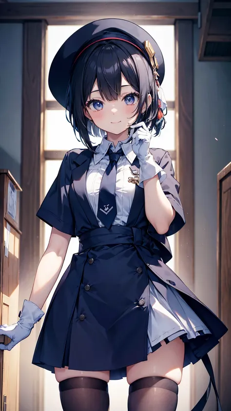 2d, masterpiece, best quality, Japanese cartoon, The facial details are very rich, highly detailed eyes, Very detailed background, Perfect lighting, Cowboy shooting, 1 girl, alone, Archie Rosenthal, Collared dress, Short skirt, Short sleeve, Blue Jacket, B...