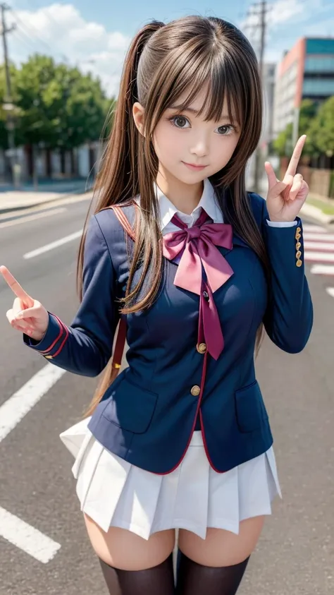 ((A girl making a peace sign in front of the road)), JK Uniform, Beautiful high school girl, Realistic school girl, Surreal , Nagatoro, Cute girl anime visuals, I also make fan art, Girl in uniform, Smooth body, 17-year-old high school girl, Surreal , seif...