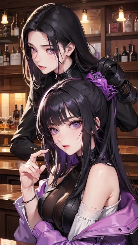 (Top resolution、Distinct_image)top-quality、female 、​masterpiece、highly detailed、Semi-realistic、purple eyes  、18year old、young、cool clothing、Exquisite facial features、Facial features ,variations, potrait, a bar background,   Black hair , long straight hairs...