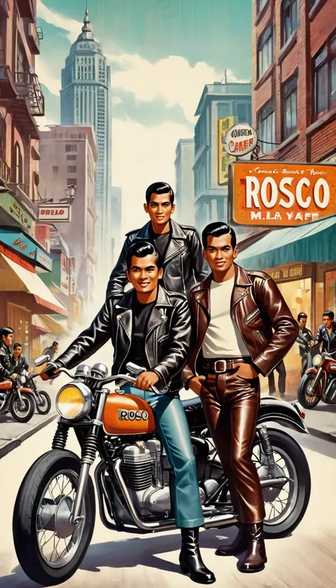 vintage film poster, illustration. Movie poster in 1960’s style. movie poster title “ROSCO”. a group of Malay man, bikers, wearing rockers leather jacket and leather pants, boots. standing in behind their classic cafe racer motorcycle. background of city s...