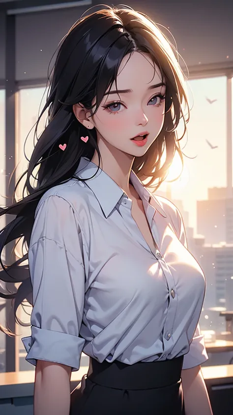 (LOL:1.1), (Open your mouth:1.1), (Eyes Wide Open:1.2),Mature Woman, office worker, (Office Casual) Stylish clothing, Upper Body,  Sun glare, Bokeh, Depth of written boundary, Blurred Background, Light Particles, Strong winds, (Heart Particles:1.1), 4K
