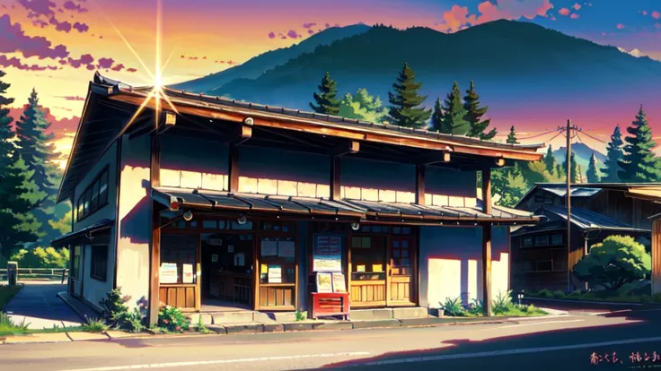 anime background, anime wallpaper, anime, anime style, praise, praise style, Modern Japanese streets, Mountain々, Uphill, Modern Japanese architecture, Japanese Convenience Stores, big retro japanese Store sign, Retro Japanese shop, wood, plant, rock, 植wood...