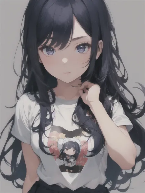 masterpiece, best quality, ultra-detailed, illustration, close-up, straight on, face focus, female, dark blue hair, black eyes, long hair, wearing a t-shirt, wearing a skirt, a 22 years old girl, blank background.