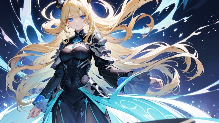 Nara Vor EndField has long, flowing blonde hair that reaches her waist and piercing blue eyes, reflecting intelligence and sharpness. She wears a wide, full-length black dress with a high collar, covering her completely and adding a touch of elegance. Her ...