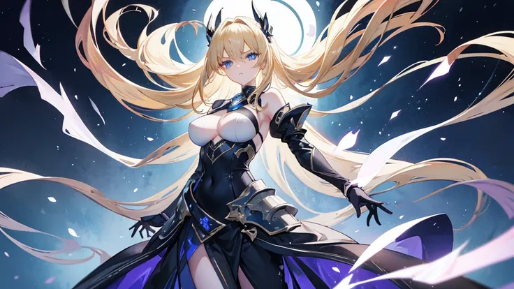 Nara Vor EndField has long, flowing blonde hair that reaches her waist and piercing blue eyes, reflecting intelligence and sharpness. She wears a wide, full-length black dress with a high collar, covering her completely and adding a touch of elegance. Her ...