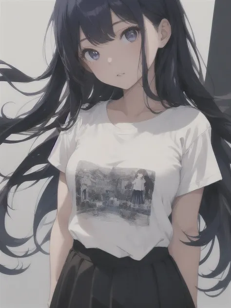 masterpiece, best quality, ultra-detailed, illustration, close-up, straight on, face focus, female, dark blue hair, black eyes, long hair, wearing a white t-shirt, wearing a skirt, a 22 years old girl, blank background, hide hands.