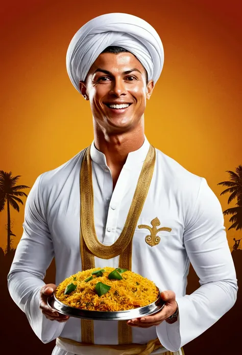 A delightful and memorable mascot logo for Ee Kudukka featuring a charming, smiling famous footballer CRISTIANO RONALDO. Cristiano Ronaldo dressed up as sheikh. adding a Kerala cultural touch also. Holding a platter of steaming, mouth-watering Biriyani. Th...