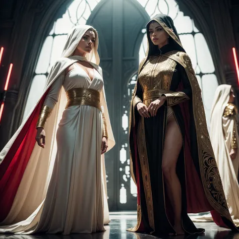 2 beautiful woman, ((standing face to face)), one in a (white/gold gedi robe), one beautiful woman in a (black/red sith lord costume), 2 women, star wars, hyperrealistic, 8k, highly detailed, photorealistic, dramatic lighting, cinematic composition, intric...