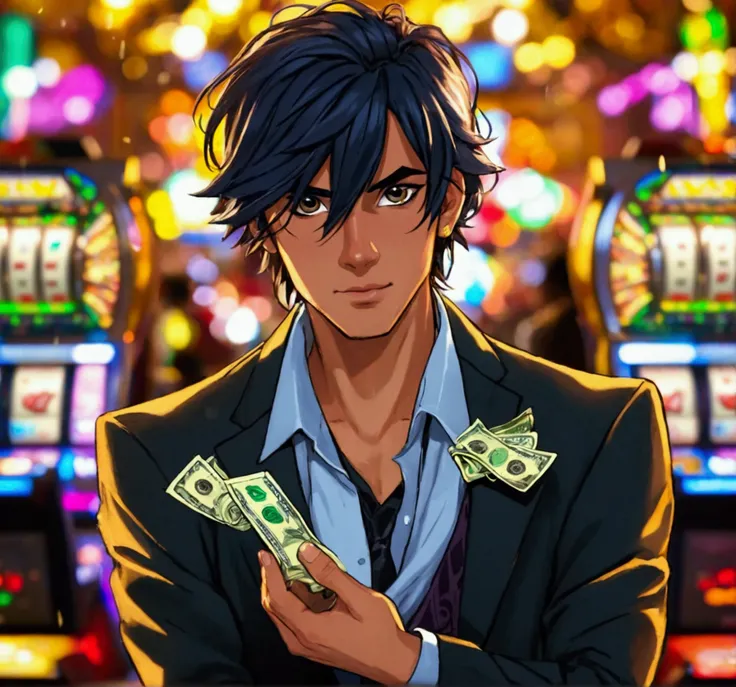 A 2D animation person with his hands up and with money in his hands playing slot machines 