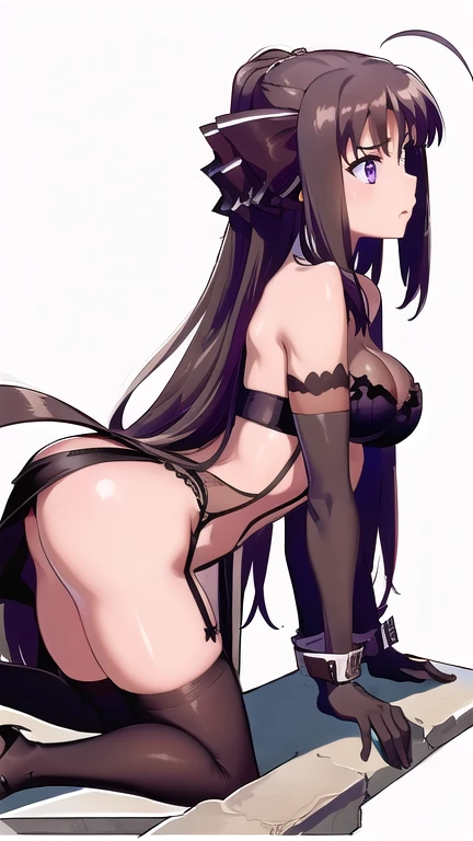 prison, ((female all fours)), angry, back view, ((bare shoulders, black bustier, black stockings, black g-string, black high heels, Black garter belt, black elbow gloves)),
 One girl,  Long Hair, Purple eyes,  chest, Ahoge,   very Long Hair,   large breast...