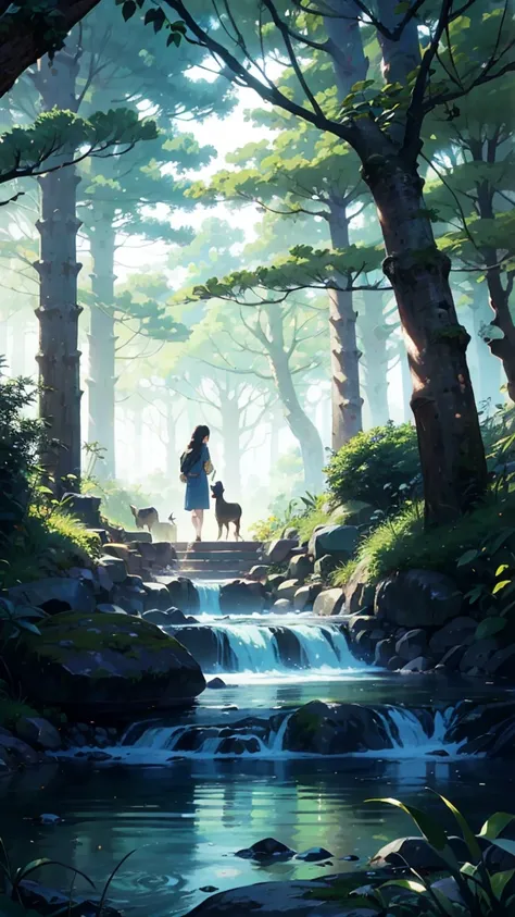 /imagine prompt: A Ghibli-inspired cityscape where modern architecture meets enchanted forest, buildings entwined with ancient trees, natural rivers flowing through urban areas, animals living harmoniously with humans. Soft glow lighting, magical and tranq...