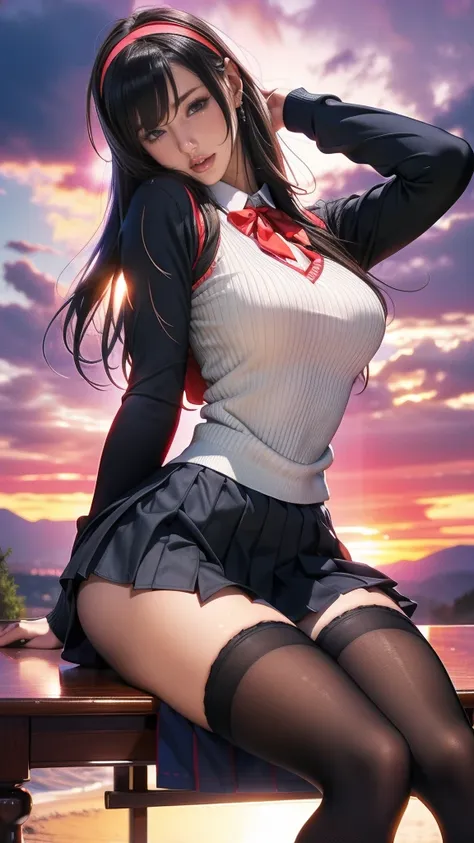 utaha cyql,1girl,looking at viewer,solo, (long hair,black hair,hairband,red eyes,school uniform,sweater vest,skirt,pleated skirt...