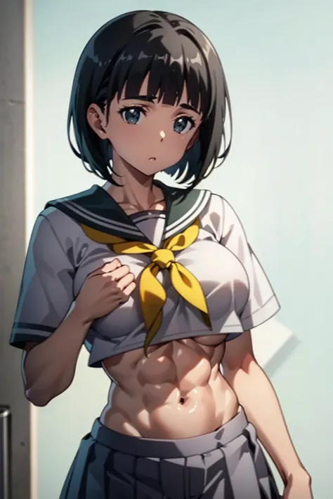 1 female,Suguha Kirigaya,white sailor suit,short sleeved,covered nipples,croptop,gray low-rise micro pleated skirt,breasts,leanbody:1.5,beautiful abs:0.6