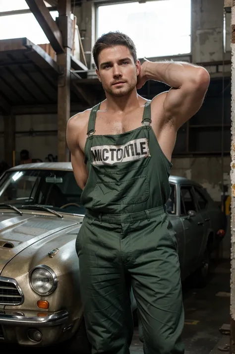 masterpiece , 32k , best quality ,very  very detailed face , detailed fingers ,detailed hands, detailed eyes, 1man, hunk man,muscled and mature, stephen amell as a mechanic wearing totally unbuttoned overall, showing muscles , mechanic tools , sweating, ti...