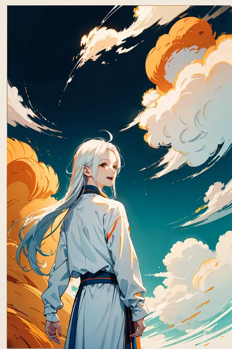 high quality , one white hair girl and one white hair boy, long hair, wuxia character, ((white clothes with blue and orange accent)), ink painting background, flat background, minimalist background, wind pattern background, smiling, standing back to back, ...