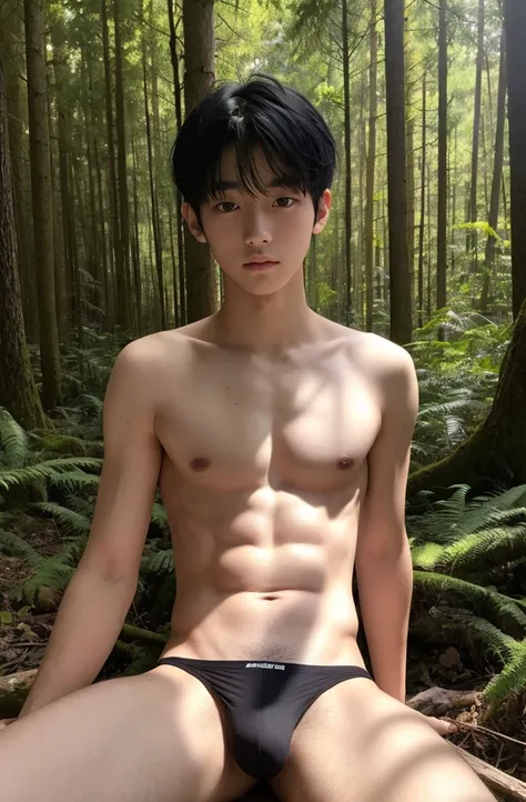 18-year-old boy, Completely naked ,Smooth Skin、Black Hair、in the forest、 Thin、Beautiful Boy、Japanese、Dark Eyes、whole body、White underwear、sit、